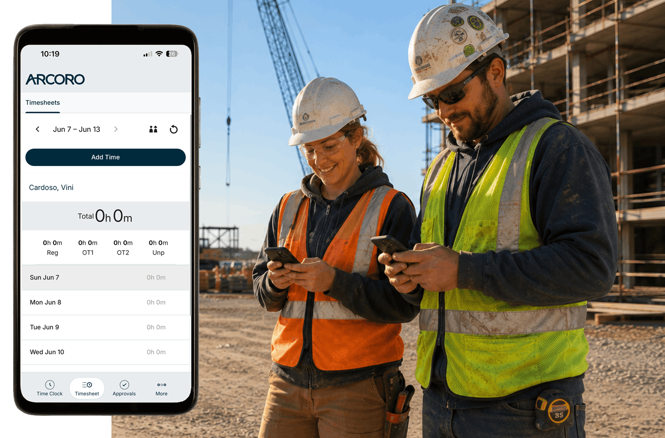 Two construction workers looking at the Arcoro Time mobile app