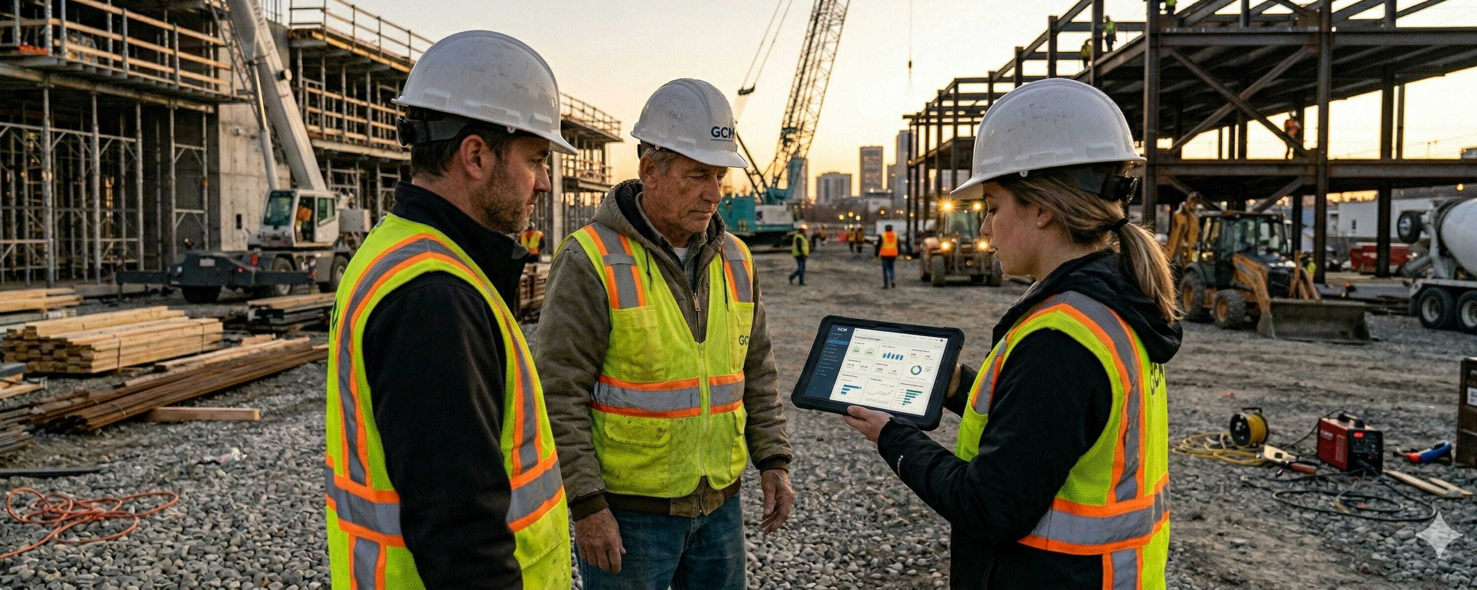 Three construction workers looking at a tablet