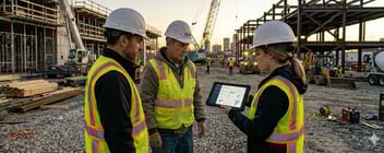 Three construction workers looking at a tablet