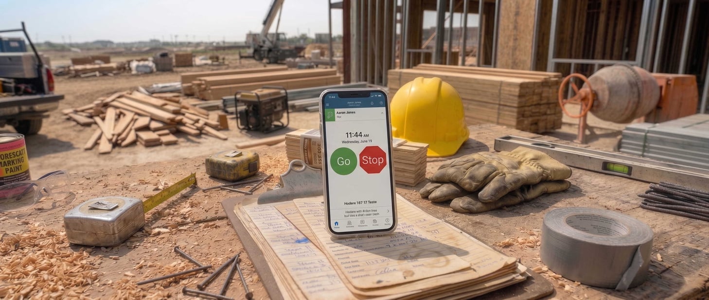 Construction site with a clipboard and mobile phone with ExakTime