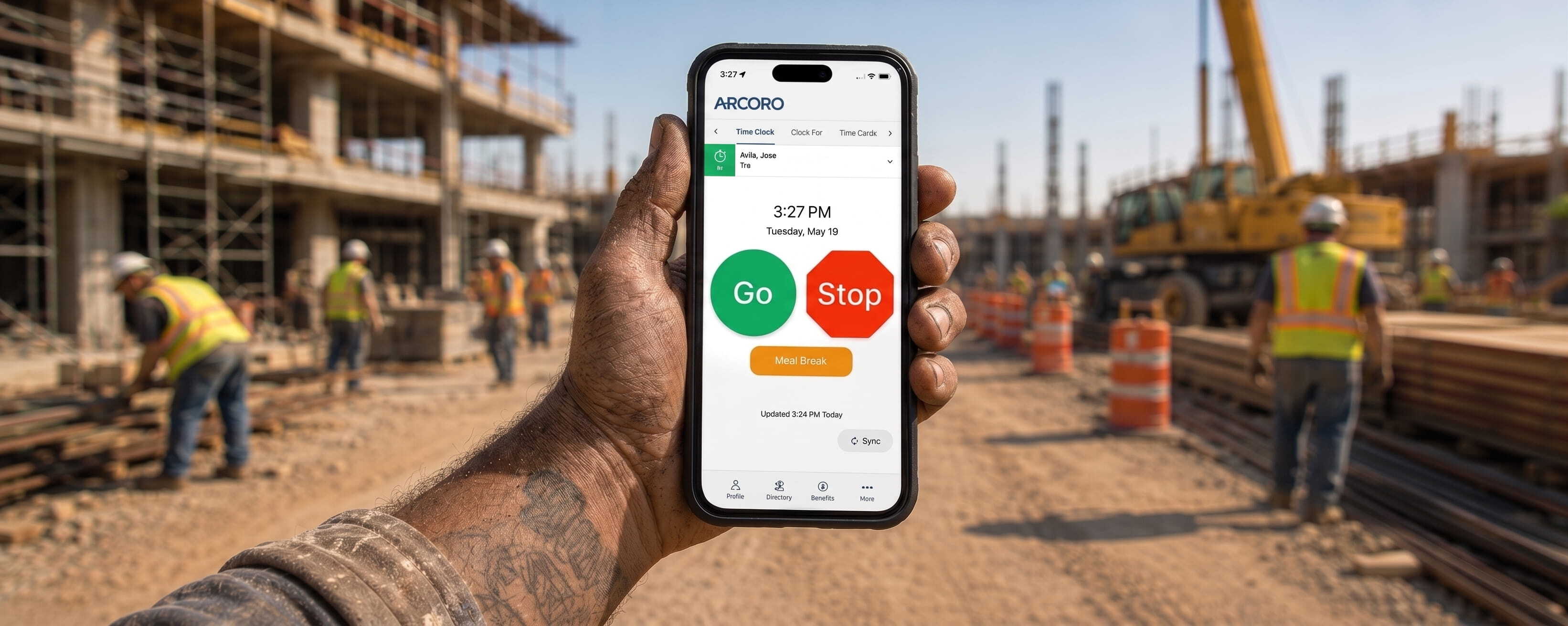 Construction worker holding a phone with Arcoro Time's unified mobile app