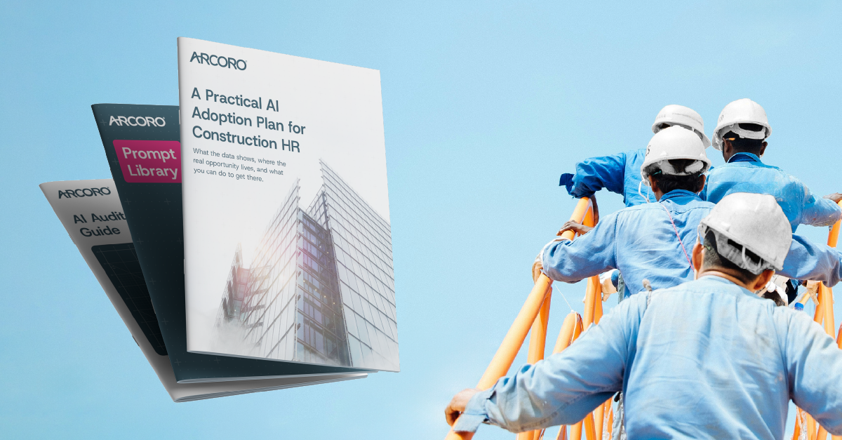 Arcoro's AI in Construction HR research report with image of construction workers walking up a ladder