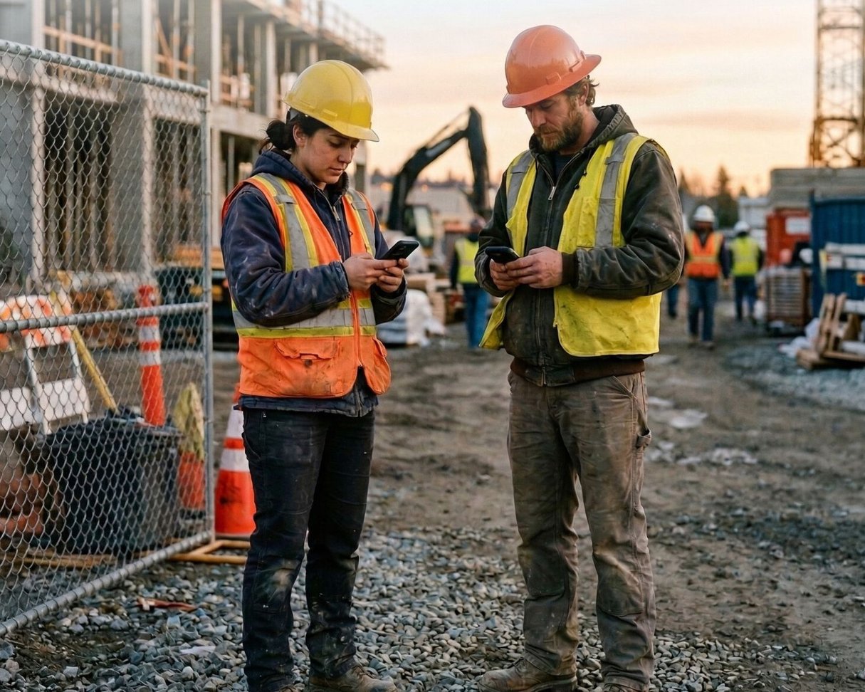Construction workers reviewing paperwork on a tablet using HR software