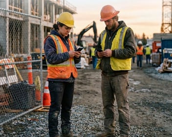Construction workers reviewing paperwork on a tablet using HR software