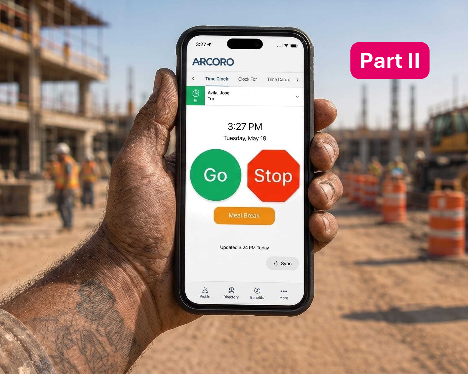 Mobile phone with Arcoro Time Tracking App on screen