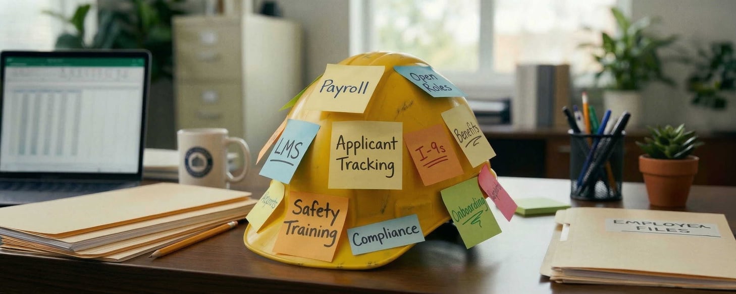 Construction hard hat with sticky notes identifying HR responsibilities: safety training, payroll, etc.