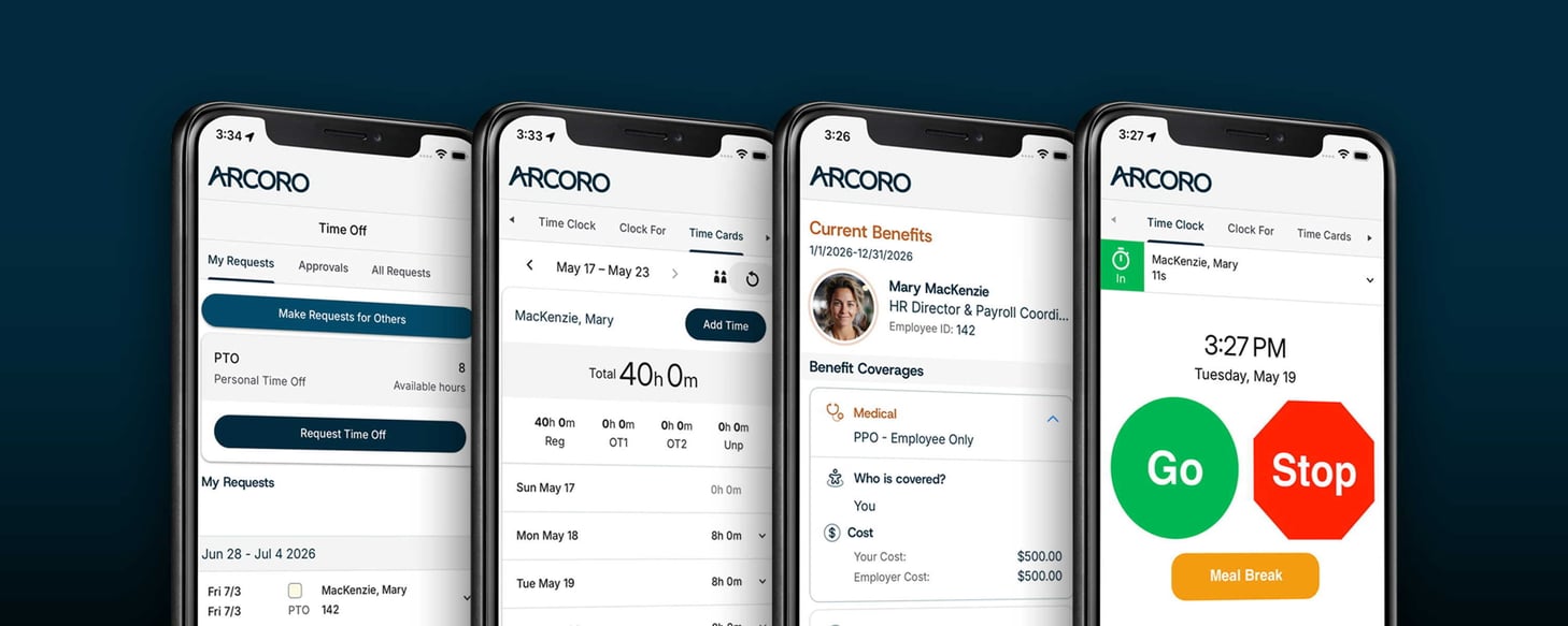 Screenshots of Arcoro's new unified mobile app that combines time tracking and Core HR