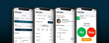 Screenshots of Arcoro's new unified mobile app that combines time tracking and Core HR